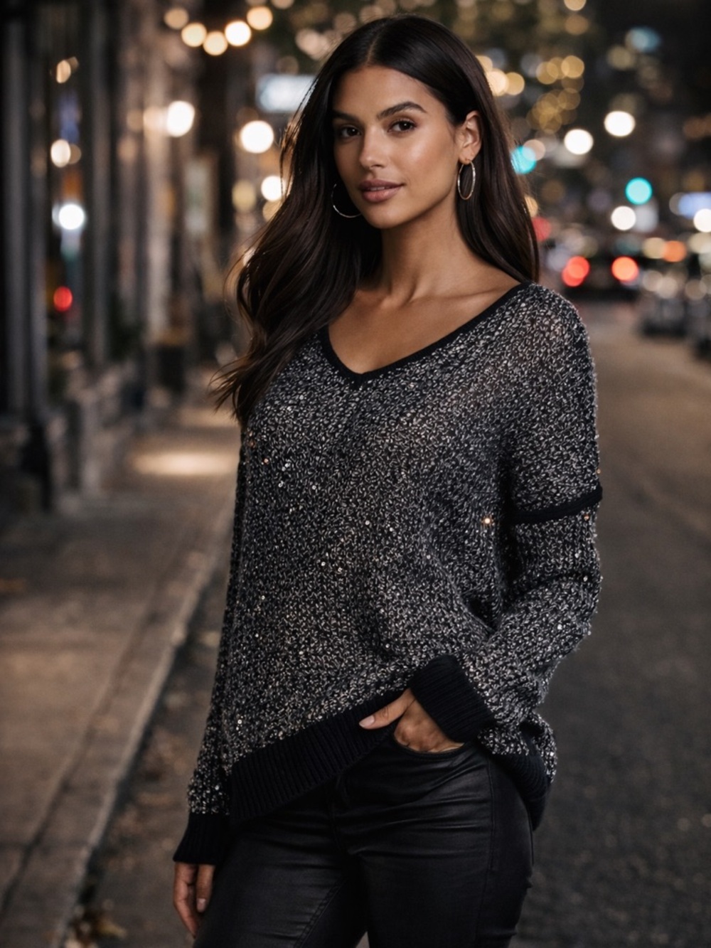DKNY Jeans Black Grey Sequin Knit Sweater V-Neck Loose Metallic Sparkle Top M - Picture 5 of 9